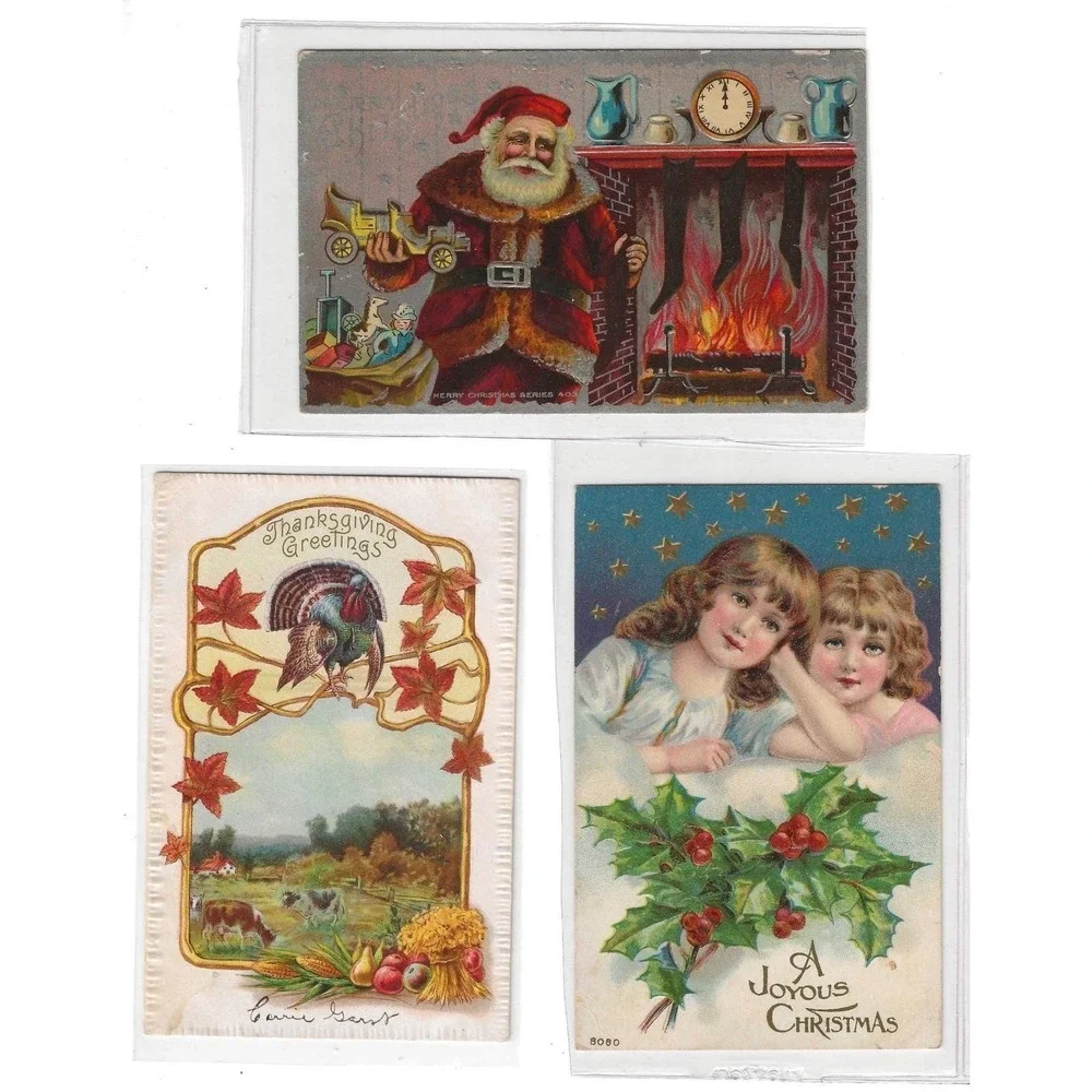 Set of 14 Antique Postcards Christmas Santa Turkey Gold Birds‎ Bells Snow Easter